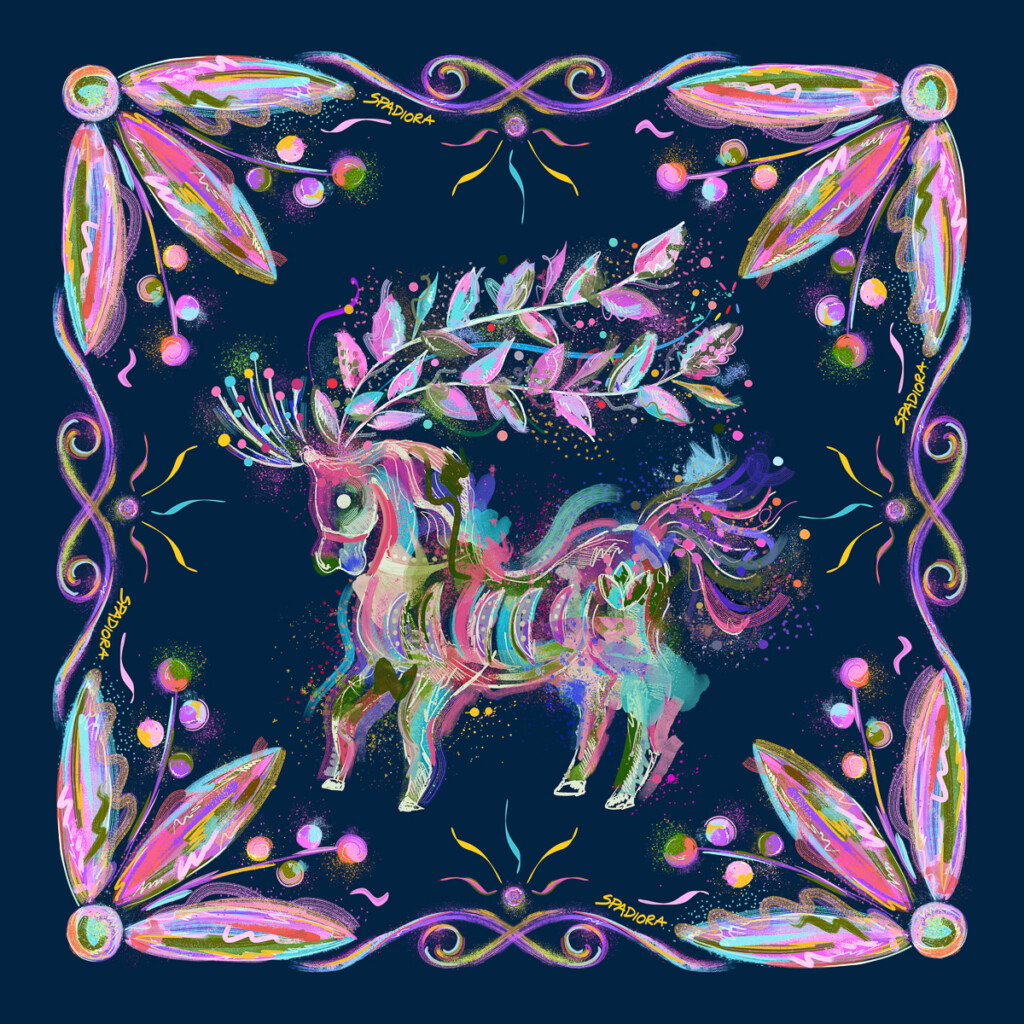 jedwabna apaszka dwustronna Spadiora konik granatowy wzór