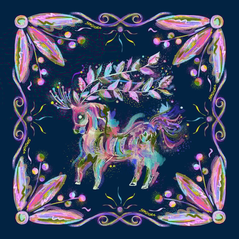 jedwabna apaszka dwustronna Spadiora konik granatowy wzór