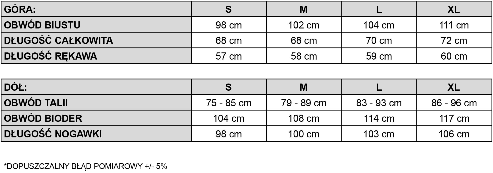 tabela rozmiarowa jedwabna pizama senso kwiaty zodiaku 1