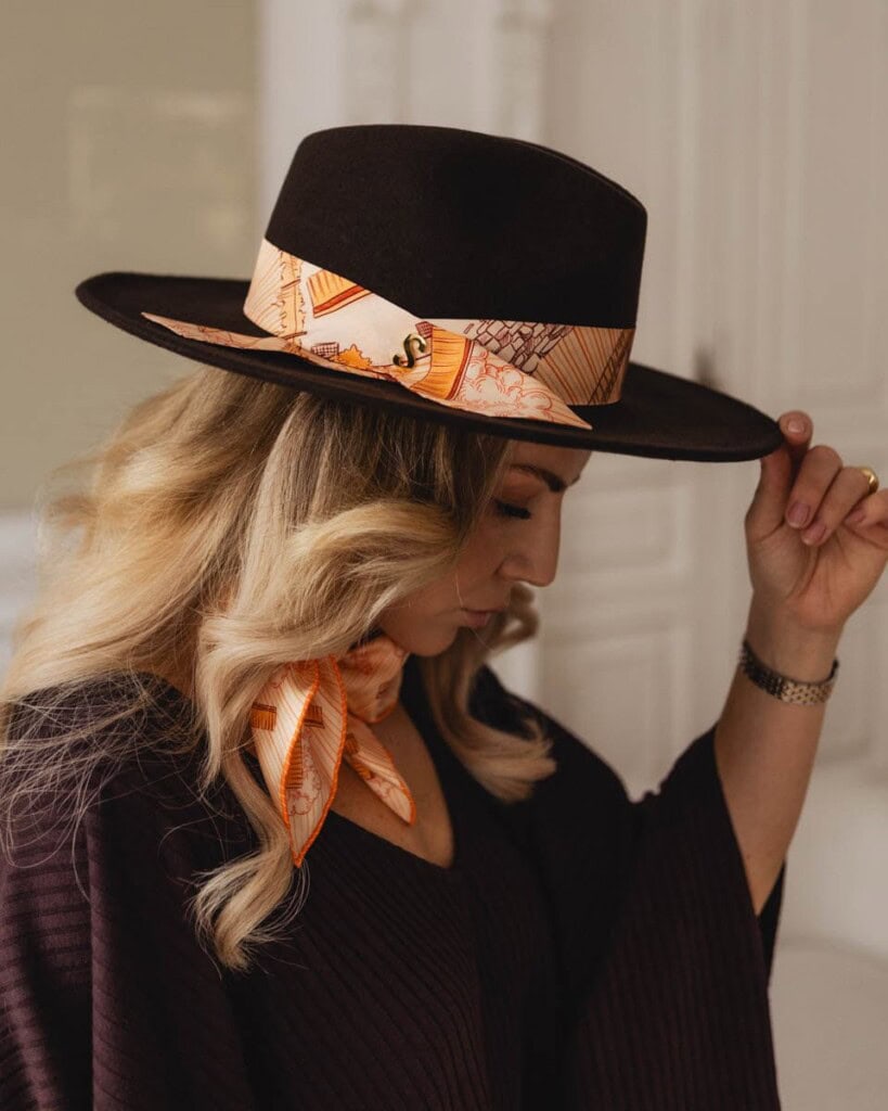 kapelusz damski vakero z jedwabna szarfa brazowy spadiora 1