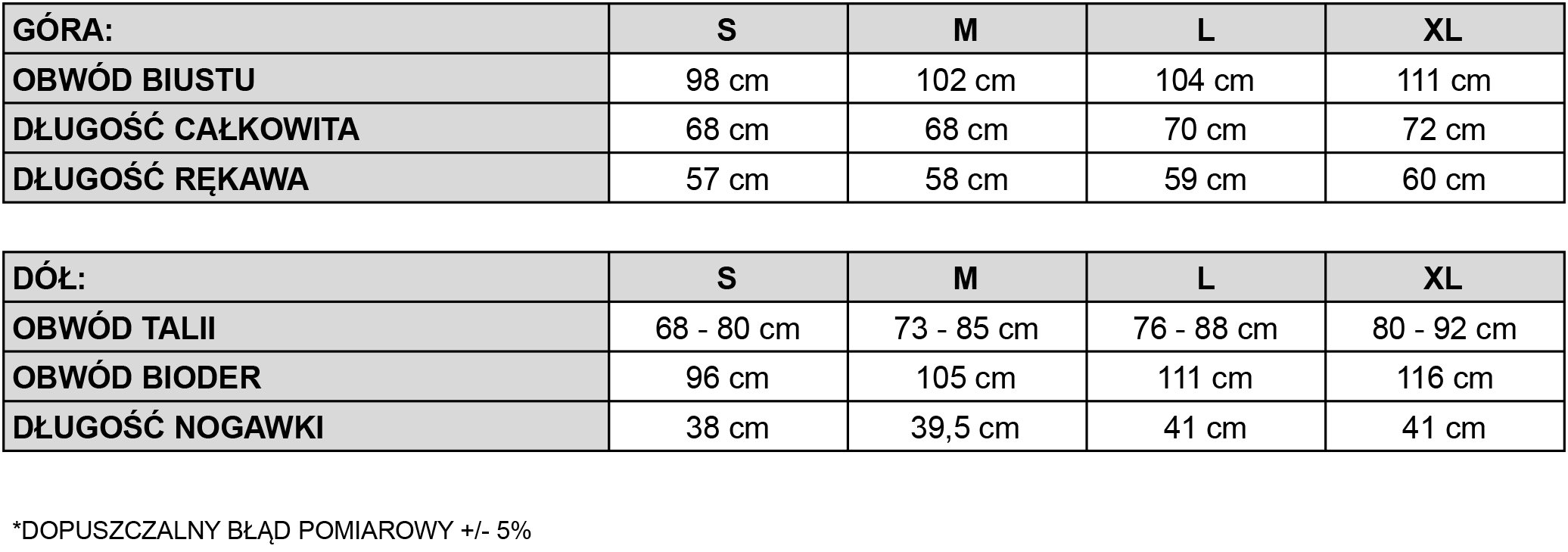 tabela rozmiarowa pizama dluga z szortami spadiora